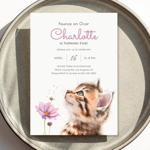 EDITIERBARE Kätzchen und Blumen Einladung, Katzen Thema Geburtstag einladen, süße Kitty, Gartenparty, einfach zu bearbeitende Vorlage, sofortiger Download