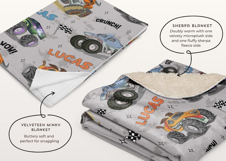 Op de afbeelding: Een grijze en witte sherpa-deken met een monstertruck-ontwerp. De deken heeft een blauwe monstertruck met de woorden "Crunch!" en "Lucas" erop gedrukt. De deken is gemaakt van zacht, pluche materiaal en perfect om in te kruipen.