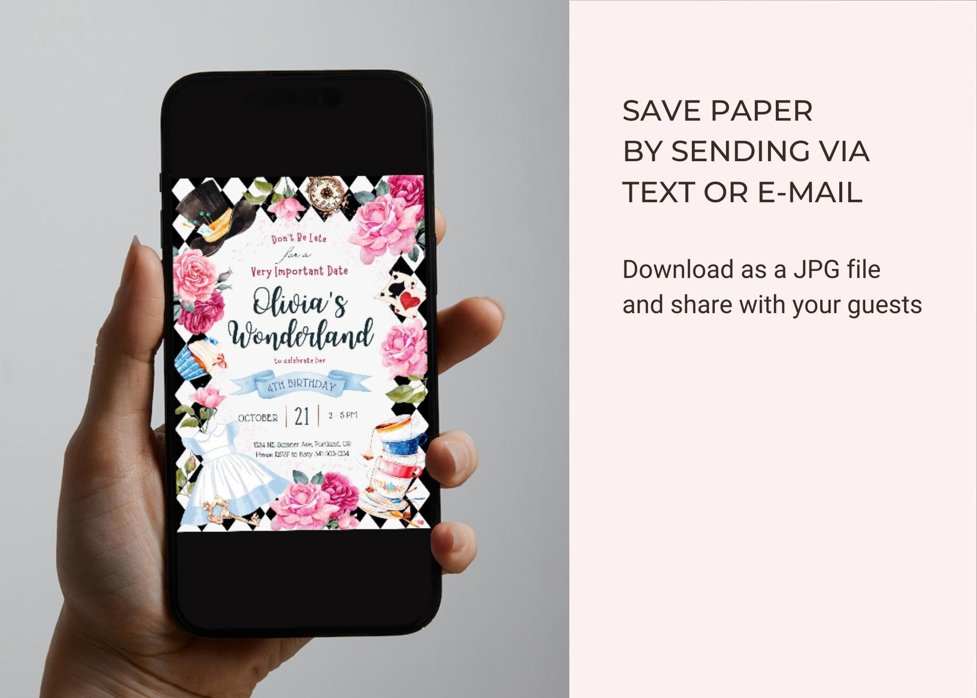 EDITABLE Alice in Wonderland Invitation, Whimsical Mad Tea Party Invite