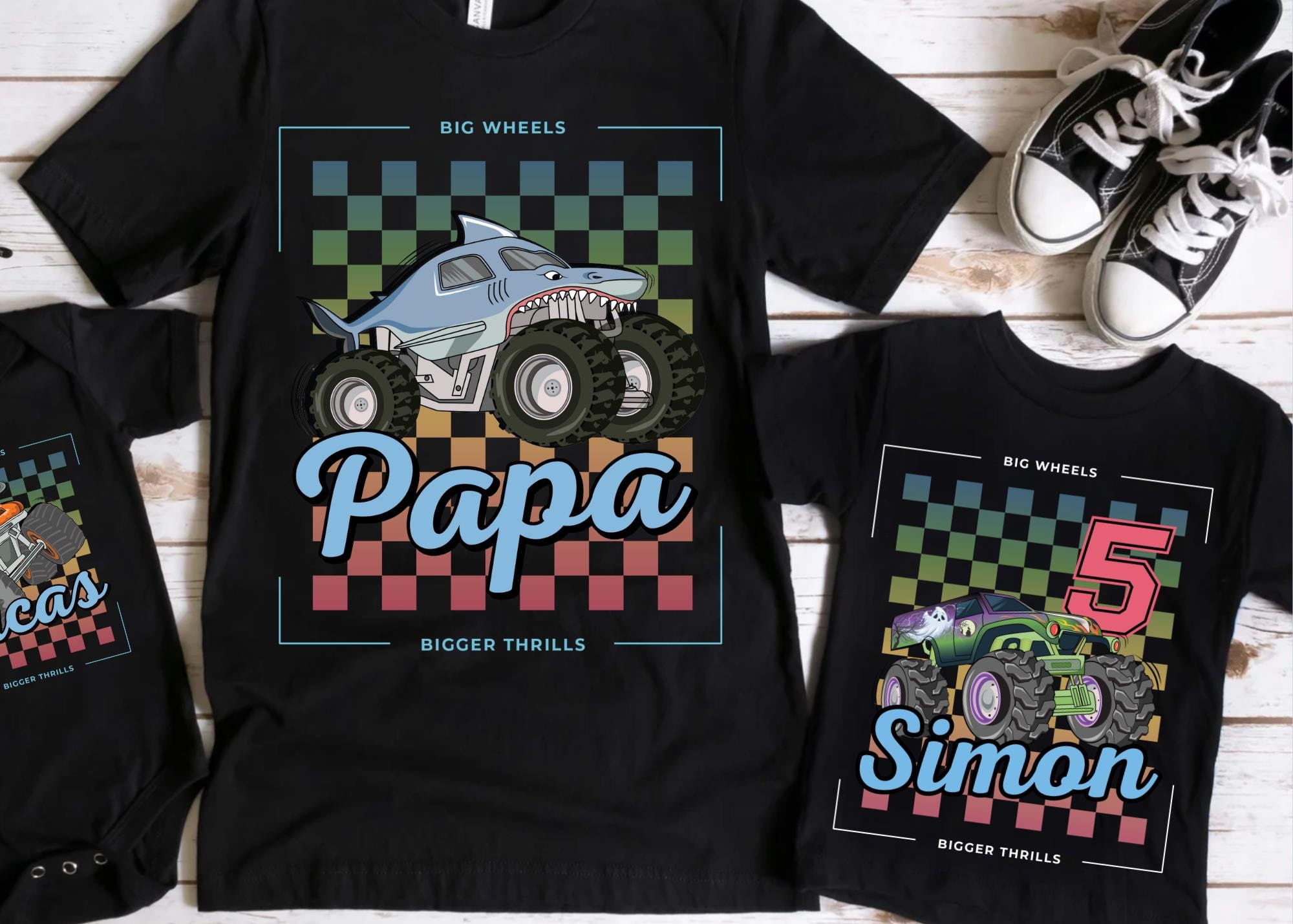 CUSTOM Name Monster Trucks T-Shirt, 100 % Cotton Tee, Matching Birthday Shirt, Personalized Family Pit Crew Shirts, Boy Birthday Party Shirt