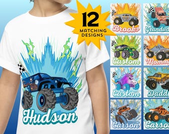Custom Name Monster Trucks T-Shirt, 100 % Cotton, Monster Truck Birthday Shirt, Personalized Family Pit Crew Shirts, Birthday Party Shirt