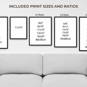 May include: A chart showing different print sizes and ratios for art prints. The chart is divided into three sections: ISO, 4:5 Ratio, 3:4 Ratio, and 2:3 Ratio. Each section lists different print sizes in inches and centimeters.