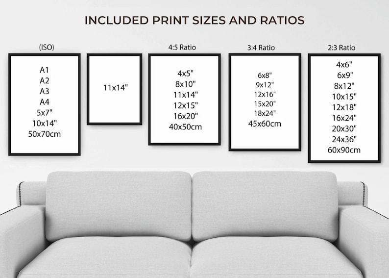 May include: A chart showing different print sizes and ratios for art prints. The chart is divided into three sections: ISO, 4:5 Ratio, 3:4 Ratio, and 2:3 Ratio. Each section lists different print sizes in inches and centimeters.