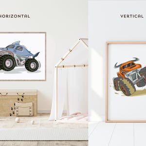 May include: Two framed prints featuring cartoon monster trucks. One shows a blue shark-themed truck with large tires, the other an orange truck with horns. The word "HORIZONTAL" and "VERTICAL" are above the prints.