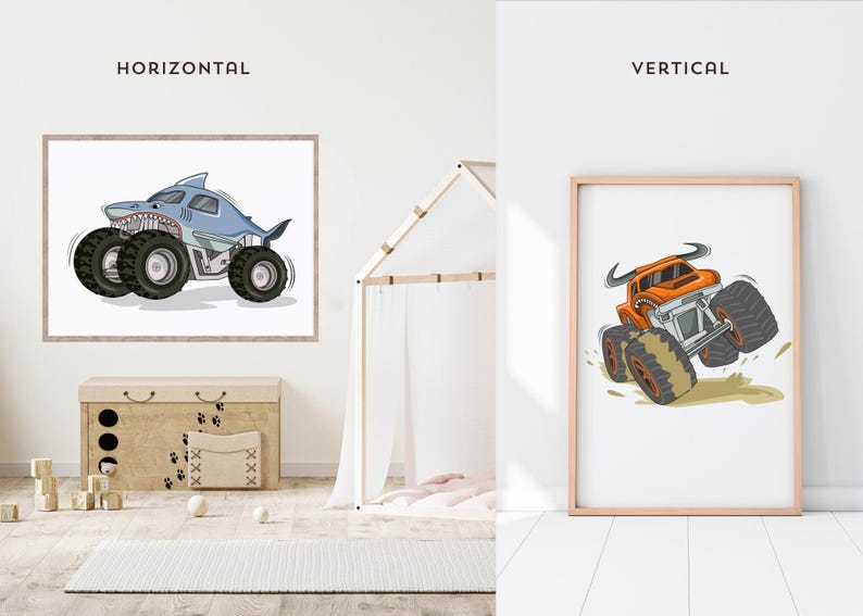 May include: Two framed prints featuring cartoon monster trucks. One shows a blue shark-themed truck with large tires, the other an orange truck with horns. The word "HORIZONTAL" and "VERTICAL" are above the prints.