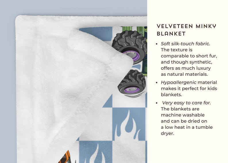 May include: A white, blue and green checkered pattern blanket with a monster truck design. The blanket is made of soft, velvety minky fabric. The text "VELVETEEN MINKY BLANKET" is visible in the image.