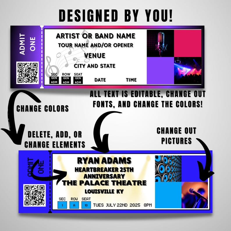 Ticket Modify Design Editable Concert Ticket Template, DIY Event Ticket, Printable Concert ...