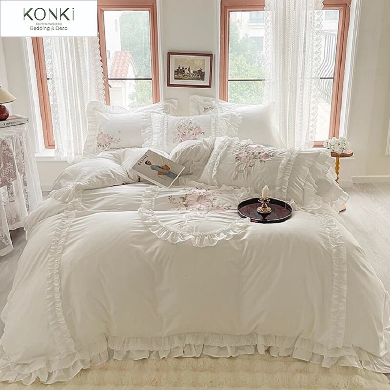 French Princess Style Embroidery Flower 100 Cotton Ruffled Duvet Cover