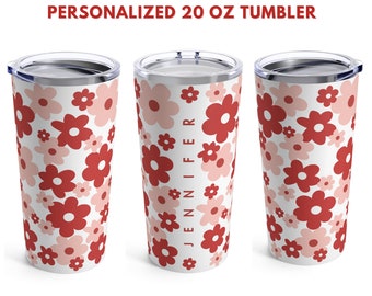 Personalized 20 oz Tumbler Abstract Red and Pink Flowers with Name / Custom Floral Tumbler / Custom Gift / Floral Pattern Tumbler