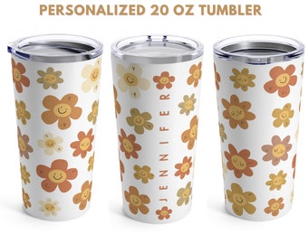 Bicchiere personalizzato con fiore sorridente, regalo floreale retrò personalizzato