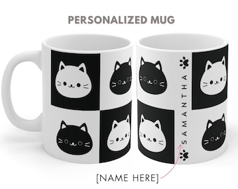 Personalized Cute Black and White Cat Mug with Name / Custom Cat Coffee Mug / Gift for Cat Lover / Personalized Name Coffee Mug