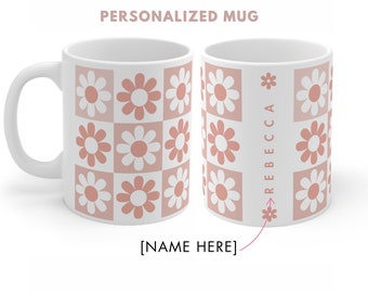 Personalized Daisy Mug, Custom Name Pink Flower Mug