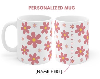 Personalized Pink Daisy Mug, Custom Name Floral Mug