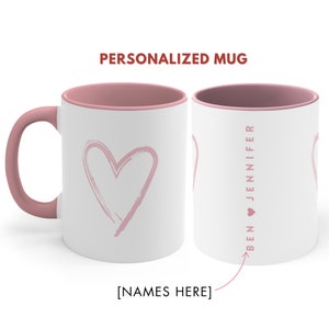 Personalized Valentine's Day Gift Mug / Custom Simple Pink Heart Shape Mug with names / Gift for Her / Gift for Girlfriend / Gift for Couple