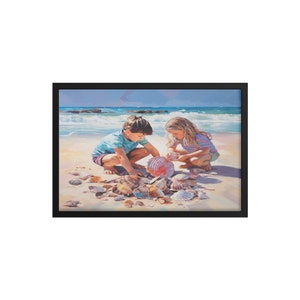 Serene Scene Beach art of two kids playing with shells Perfect for beach house or home by the sea / Kids at beach wall art / framed art