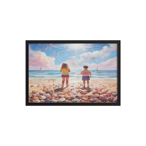 Beach Scene Kids on the Beach playing with seashells / Ocean scene beach art / ocean art beach life art beach home wall art / framed art