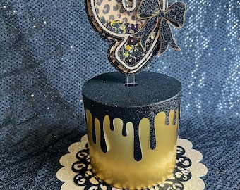 Leopard Coquette Bow Girls Cake Topper - Black and Gold Shaker Cake Topper - Cute Girl Cake Topper