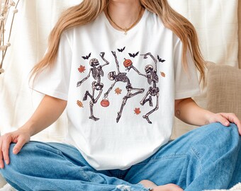 Camiseta de esqueleto bailando, camiseta de esqueleto de Halloween, camiseta de esqueleto de calabaza, camiseta retro de Halloween, camiseta de temporada espeluznante, camiseta de Halloween para niños