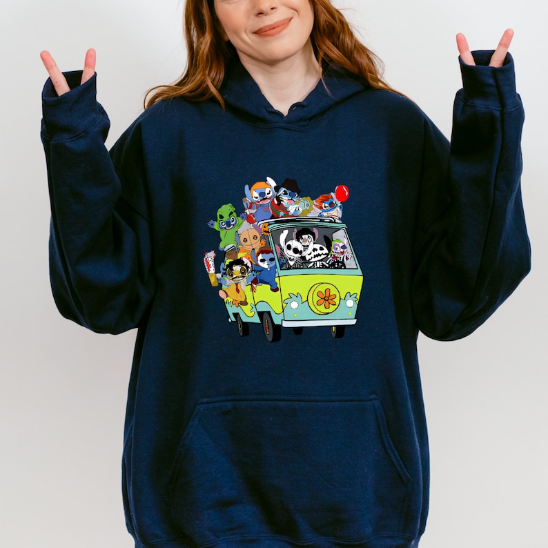 Sudadera de Stitch para Halloween, sudadera con capucha de Stitch con personajes de películas de terror, sudadera con Stitch Get In Loser, sudadera de fiesta de Halloween imagen 7