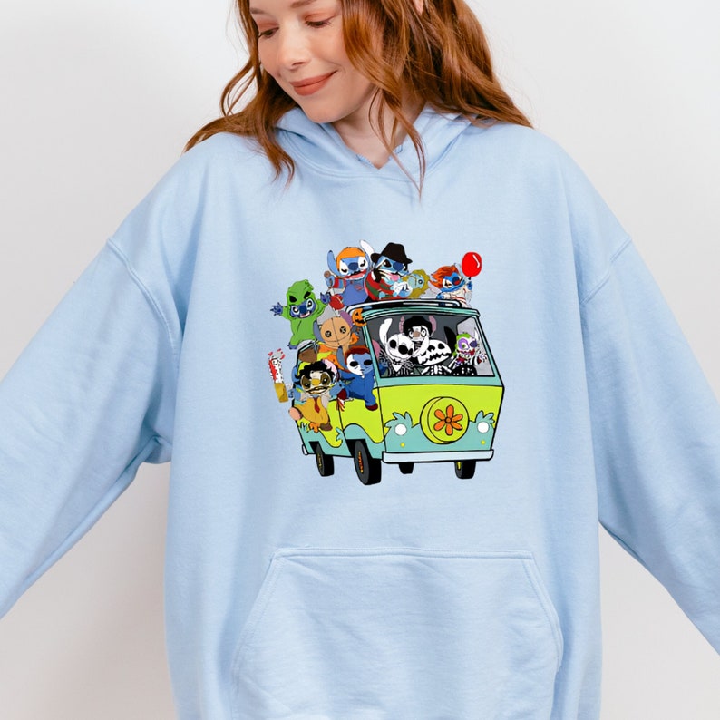 Sudadera de Stitch para Halloween, sudadera con capucha de Stitch con personajes de películas de terror, sudadera con Stitch Get In Loser, sudadera de fiesta de Halloween imagen 2