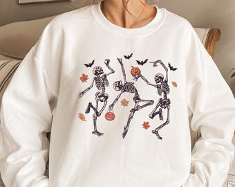 Camiseta de esqueleto bailando, sudadera de esqueleto de Halloween, sudadera con capucha de esqueleto de calabaza, camiseta retro de Halloween, camiseta de temporada espeluznante