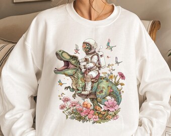 Space Astronaut Riding T-Rex Dinosaur Shirt, Dinosaur Clothes, Astronaut Hoodie, Space Dinosaur Sweatshirt, Dinosaur Botanical Bouquet Shirt