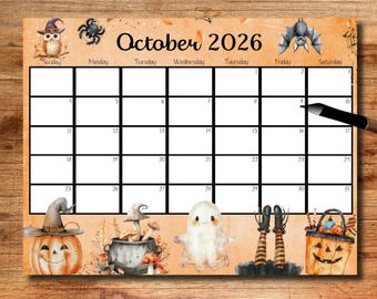 EDITABLE October 2026 Calendar, Cute Halloween Clipart, 2026 October Calendar, Printable Monthly Calendar, Digital Download, Halloween theme