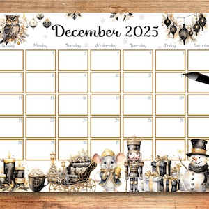 EDITABLE December 2025 Calendar, 2025 December Calendar, Printable Monthly calendar, Wall Calendar, Digital Calendar, Christmas Calendar