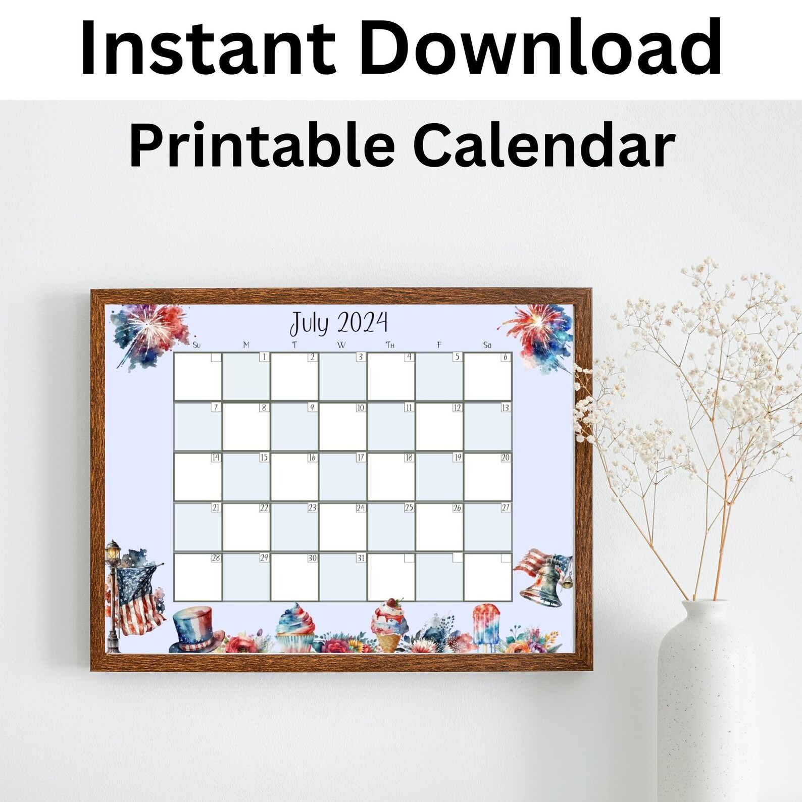 EDITABLE July 2024 Calendar 4th of July Calendar Red White Etsy