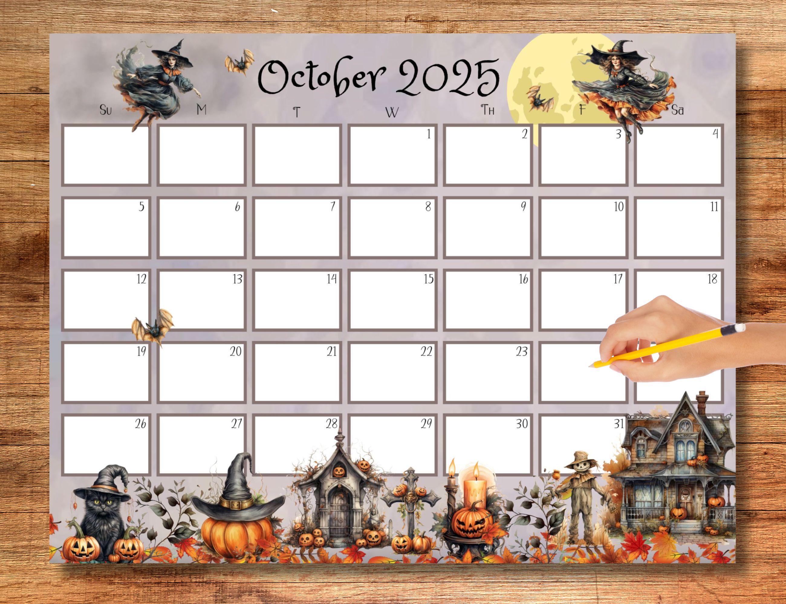 EDITABLE October 2025 Calendar, Whimsical Calendar, Spooky Halloween, Witches, Printable Monthly Calendar, School Calendar, Digital