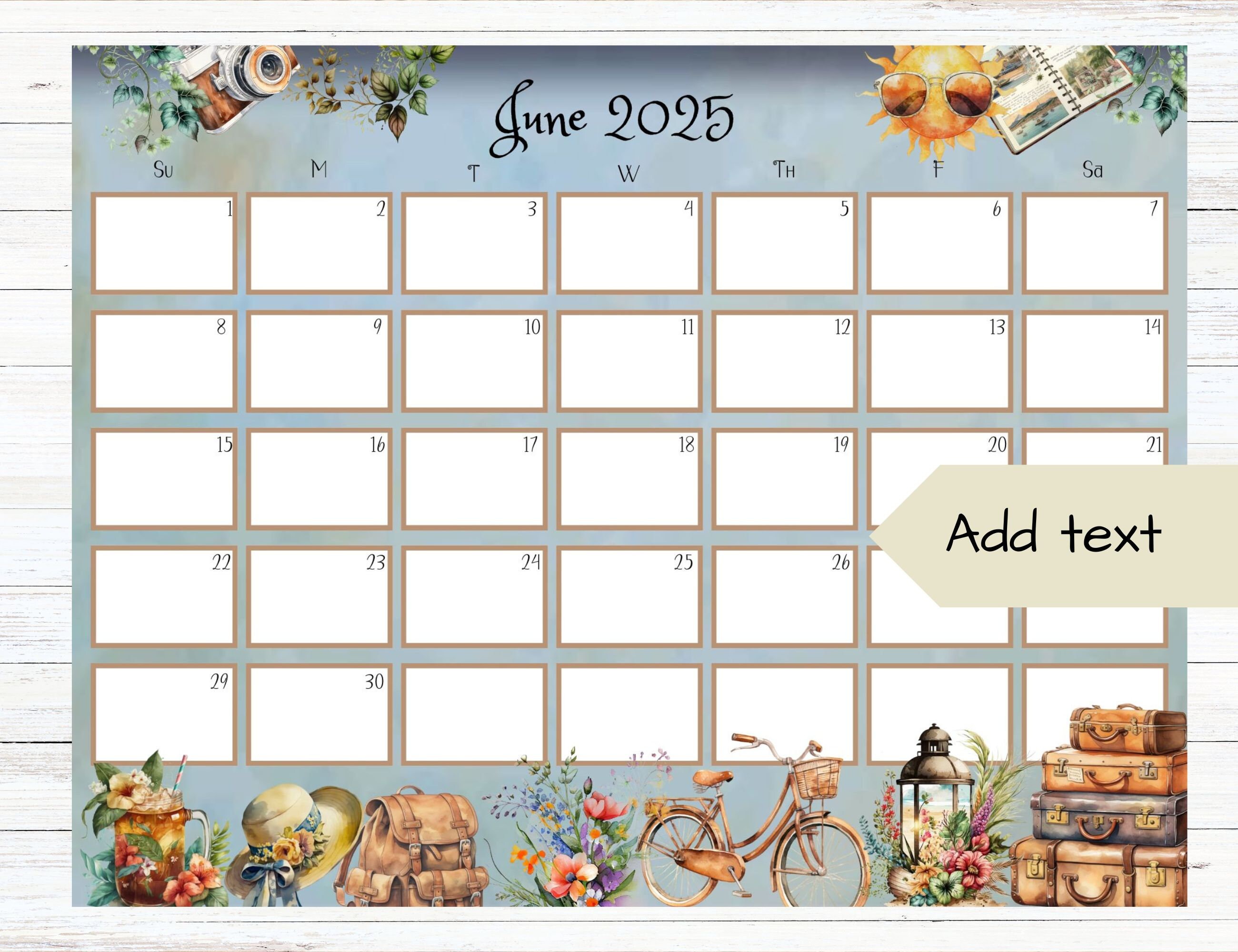 EDITABLE June 2025 Calendar, Beach Calendar, Whimsical Calendar