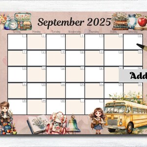EDITABLE September 2025 Calendar, Watercolor Calendar, Printable Monthly Calendar, School Planner, Digital, 2025 September, School Calendar