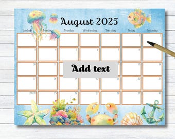 EDITABLE, August 2025 Calendar, 2025 August Calendar, 2025 Calendar, Printable Calendar, Wall Calendar, Monthly Calendar, Digital Calendar