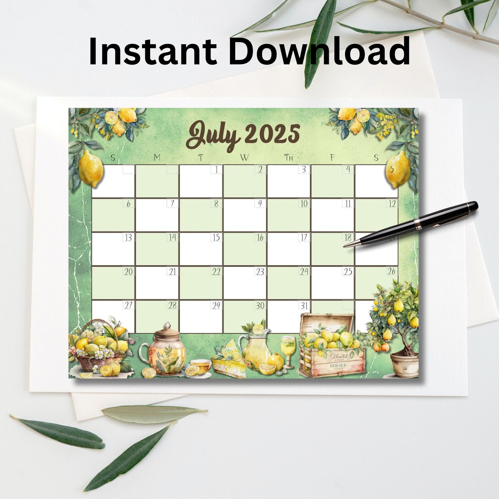 EDITABLE July 2025 Calendar, Lemon Calendar, Green Calendar, Whimsical