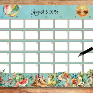 EDITIERBARER Kalender August 2025, Wunderlicher Kalender, Kalender August 2025, Kalender 2025, Druckbarer Kalender, Wandkalender, Strandkalender