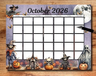 EDITABLE October 2026 Calendar, Digital Download, Halloween Theme, 2026 October Calendar, Printable Monthly Calendar, School Calendar
