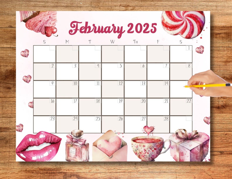 EDITABLE February 2025 Calendar, Pink Calendar, Valentines, Printable
