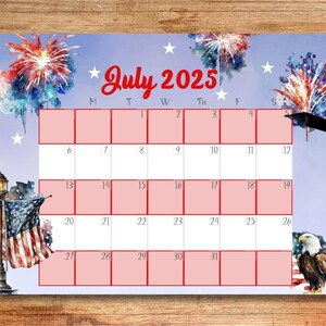 EDITABLE July 2025 Calendar, 2025 July Calendar, Printable Monthly Calendar, Wall Calendar, Digital Calendar, 2025 Calendar, July 2025