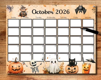 Calendario editable de octubre de 2026, imágenes prediseñadas de Halloween, calendario de octubre de 2026, calendario mensual imprimible, calendario escolar, calendario de pared.