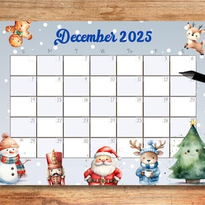 EDITABLE December 2025 Calendar, 2025 December. Christmas Calendar, Printable Monthly Calendar, School Planner, School Calendar, Digital