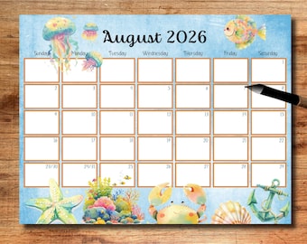 EDITABLE, August 2026 Calendar, 2026 August Calendar, 2026 Calendar, Printable Calendar, Wall Calendar, Monthly Calendar, Digital Calendar