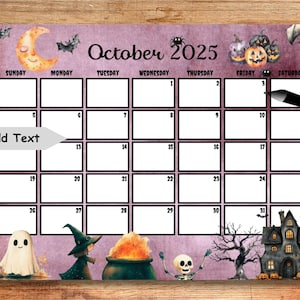 EDITABLE October 2025 Calendar, 2025 October, 2025 Calendar, Printable Monthly Calendar, School Calendar, Digital Calendar, Wall Calendar