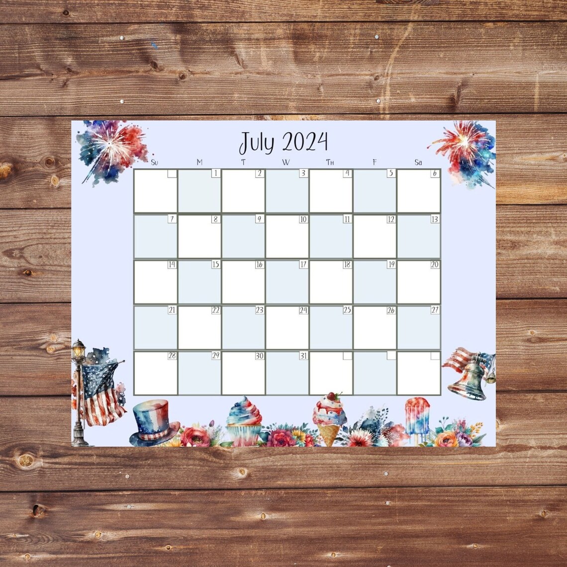 EDITABLE July 2024 Calendar 4th of July Calendar Red White Etsy