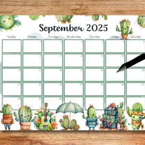 Calendario de septiembre de 2025 EDITABLE, Calendario de cactus, Calendario botánico, Calendario de acuarela, Calendario mensual imprimible, Planificador escolar, Digital