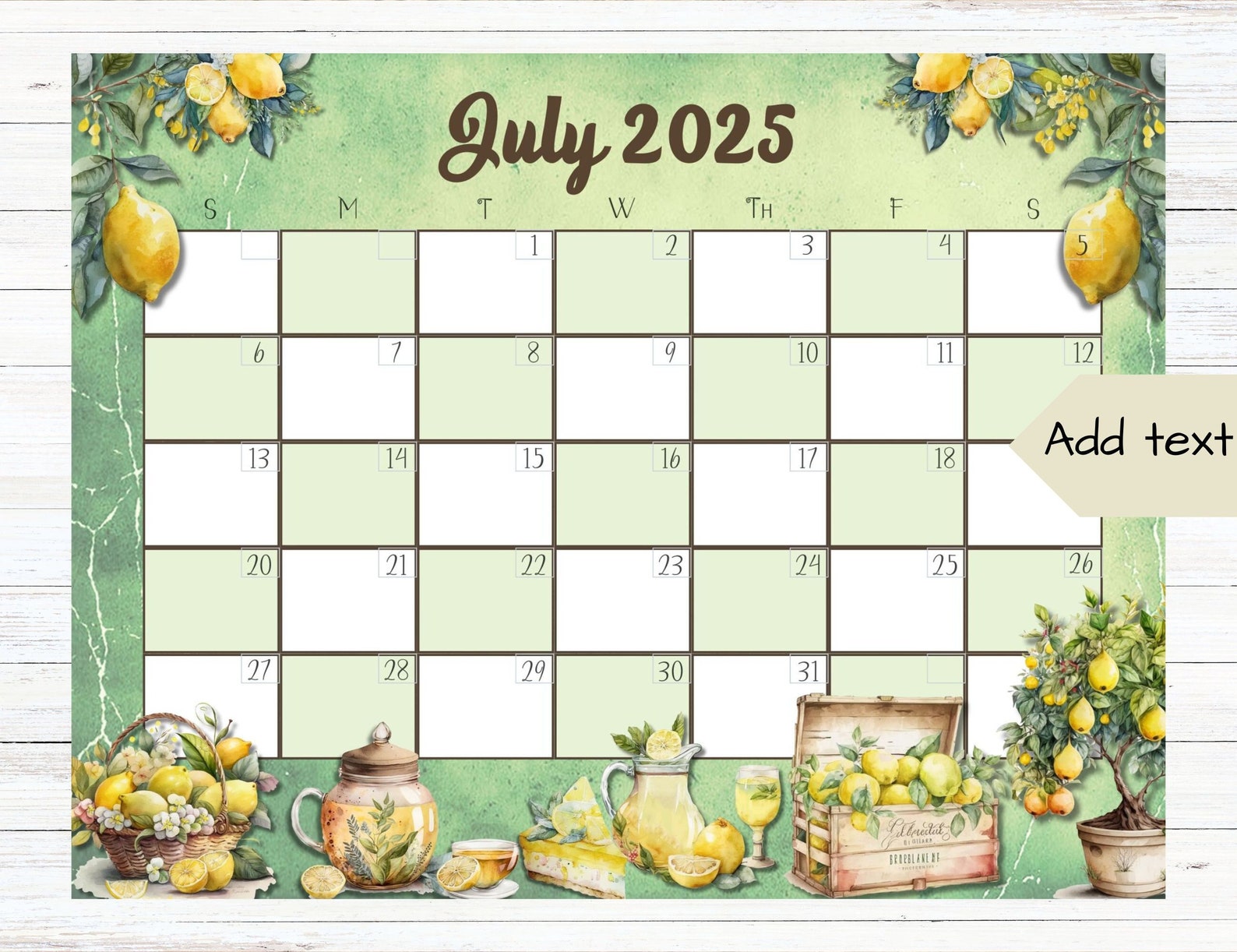 EDITABLE July 2025 Calendar, Lemon Calendar, Green Calendar, Whimsical