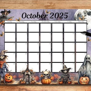 EDITABLE October 2025 Calendar, Cute Halloween Clipart, 2025 October Calendar, Printable Monthly Calendar, School Calendar, Wall Calendar