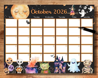 EDITABLE October 2026 Calendar, 2026 October Calendar, Halloween Theme, Wall Calendar, Printable Calendar, Monthly Calendar, School Calendar
