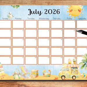 Könnte beinhalten: Ein Juli 2026 Kalender mit Strand-Thema. Der Kalender hat einen blauen Hintergrund mit Illustrationen einer Sonne, Palmen und eines Eiswagens. Die Wochentage sind oben aufgeführt, mit nummerierten Kästchen für jeden Tag.