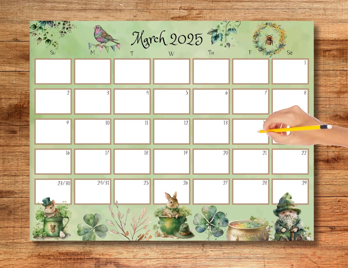 EDITABLE March 2025 Calendar, St Patrick's Calendar, Green Calendar