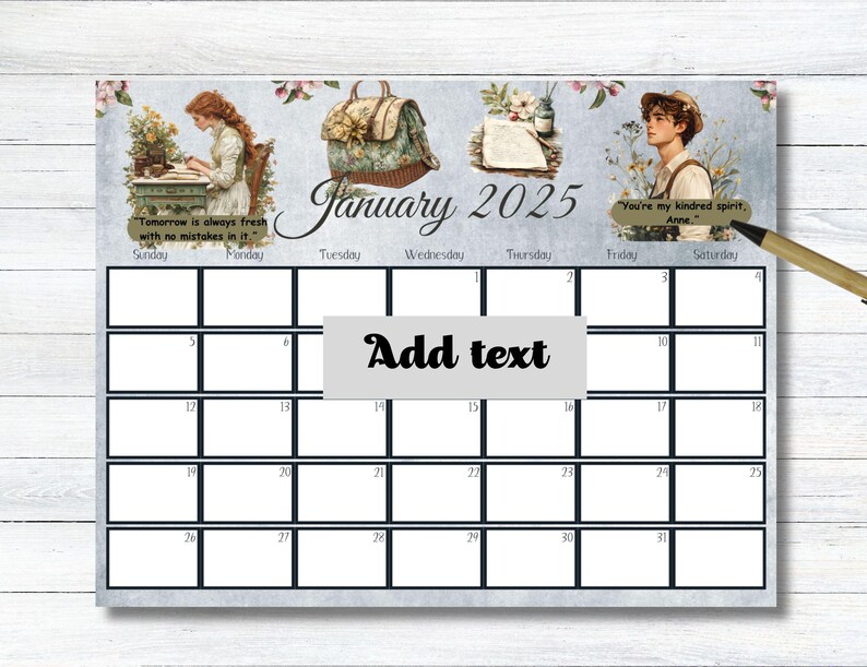 EDITABLE, January 2025 Calendar, 2025 January Calendar, Anne of Green